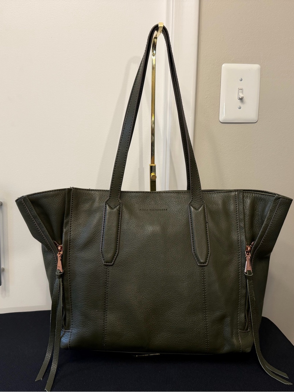 Olive Green Aimee Kestenberg Leather Tote Bag with Rose Gold Accents